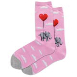 A pair of pink crew socks with a pattern of white clouds, an elephant, and a heart-shaped balloon.