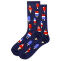 Navy blue socks with ice cream and popsicle pattern on a white background