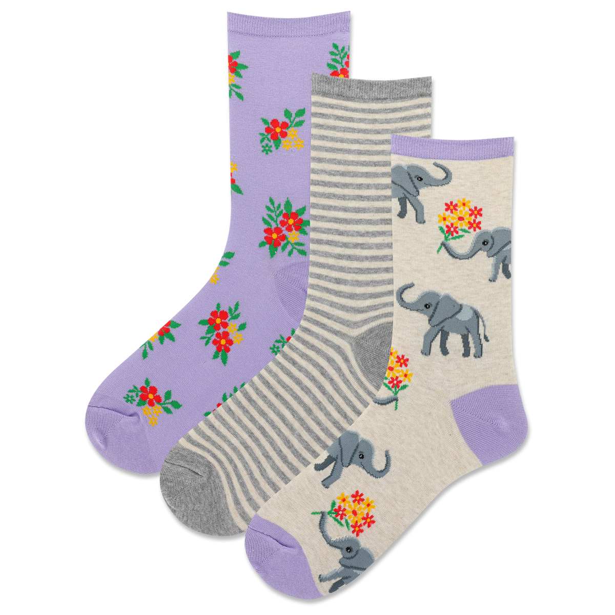 Three pairs of socks with elephant and floral patterns on a white background
