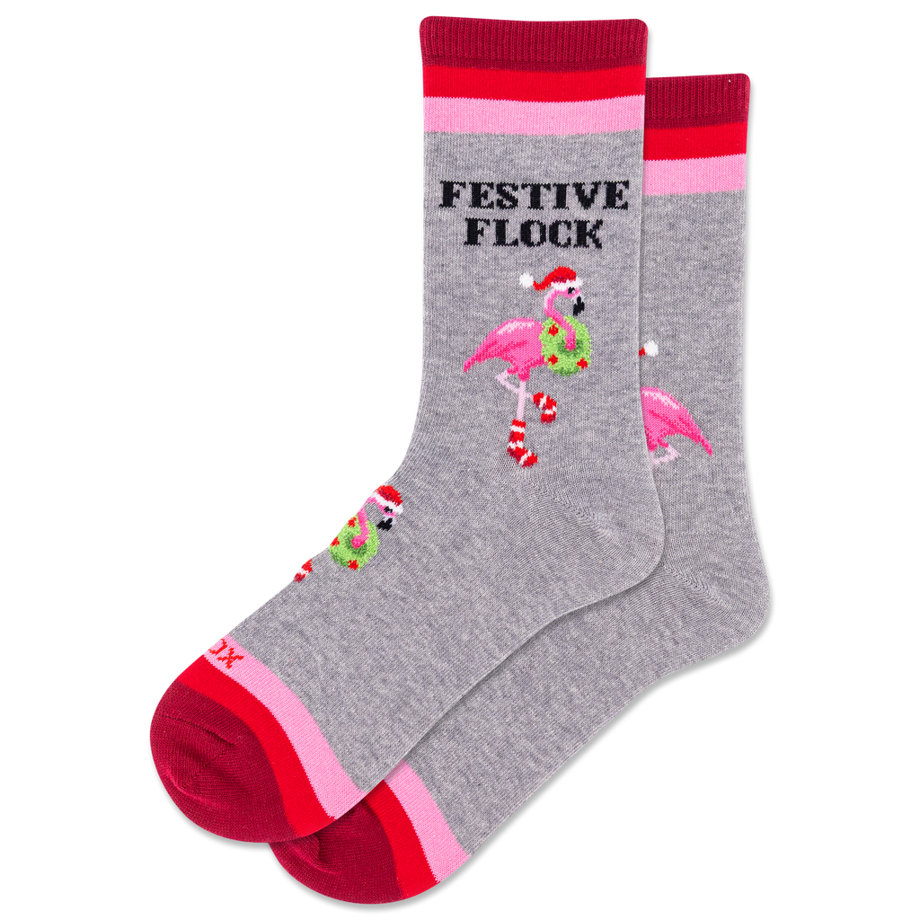 Gray socks with festive flamingo design and red accents on a white background
