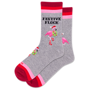 Gray socks with festive flamingo design and red accents on a white background