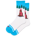Pair of socks with bear design and blue accents on a white background