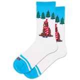Pair of socks with bear design and blue accents on a white background