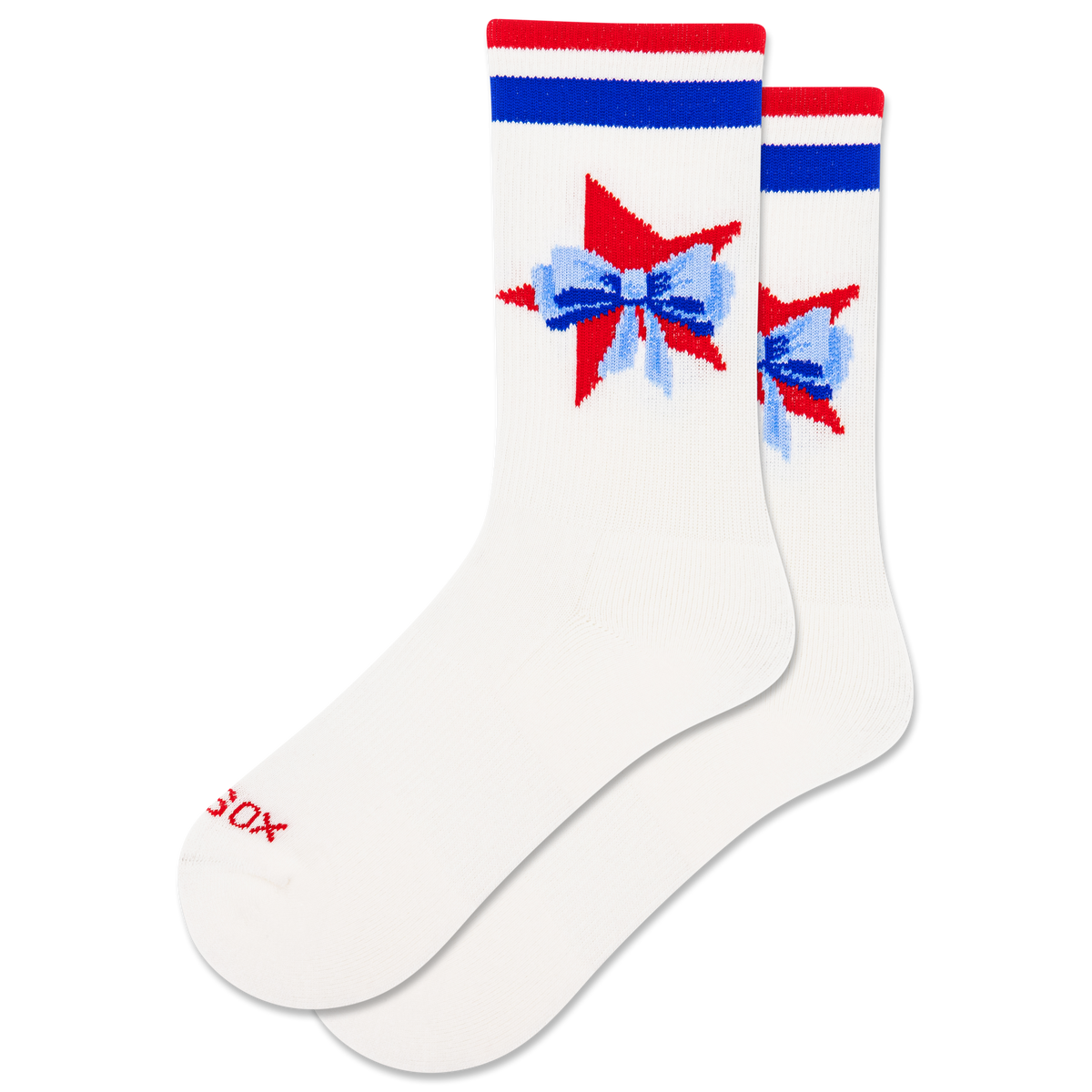 White socks with red and blue bows on a white background