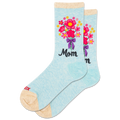 Light blue socks with floral design and 'Mom' text on a white background