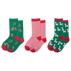 HOTSOX Kid's Holiday Gingerbread, Llamas, Stripe Crew Socks Gift Box