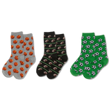 Three pairs of socks with sports-themed patterns on a white background thumbnail