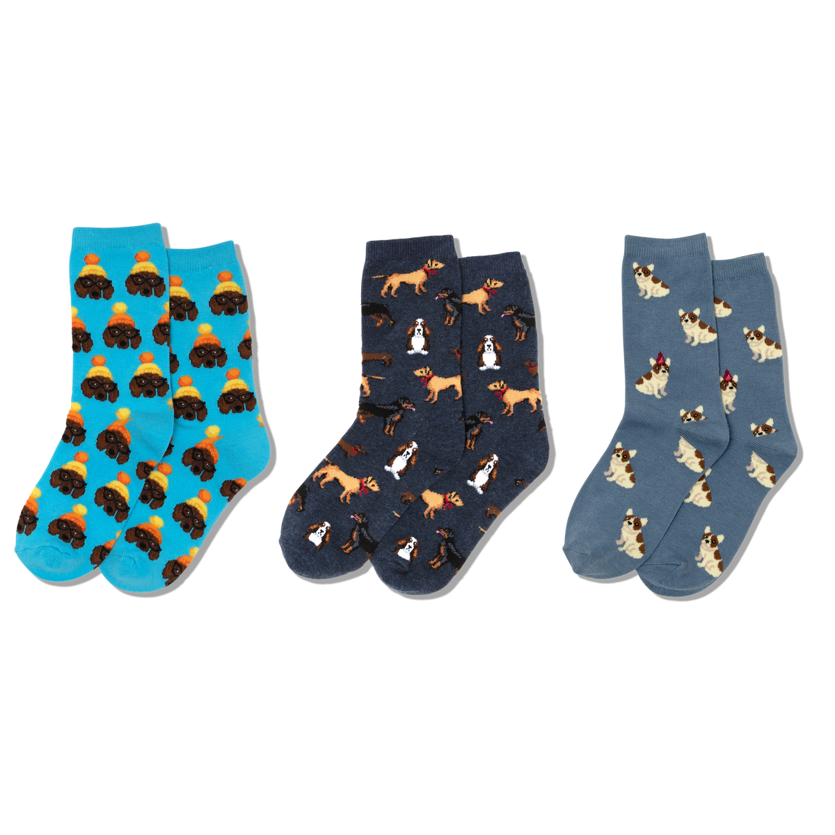 HOTSOX kids sock three pair pack featuring various patterns of different dogs, including dachshunds, basset hounds, bedlington terriers, English bulldogs and rottweilers.