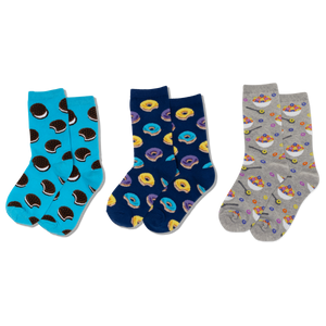 Three pairs of socks with different food patterns on a white background
