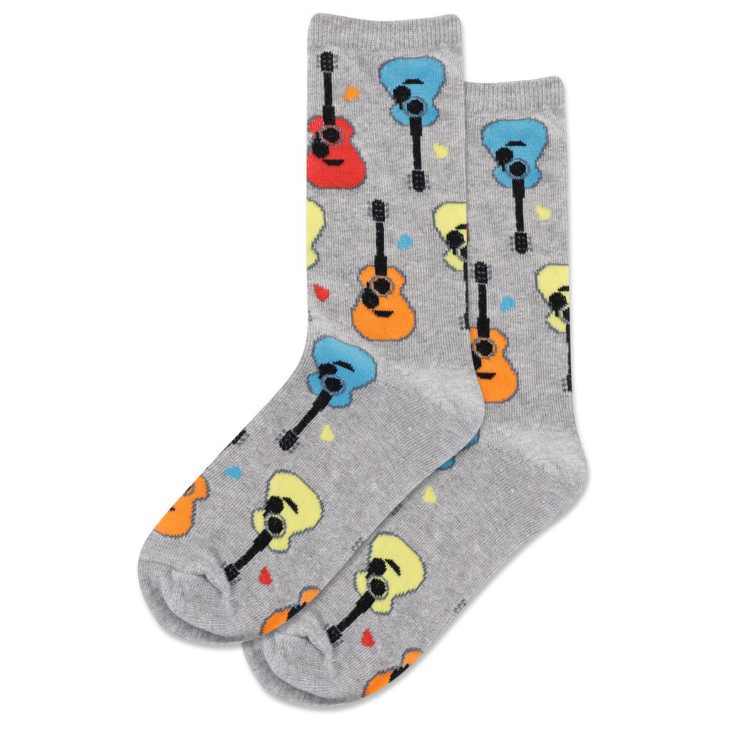 Gray socks with colorful guitar pattern on a white background