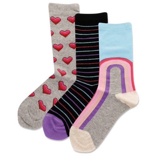 Assorted HOTSOX Kid's Rainbow Heart 3 Pack Crew Socks