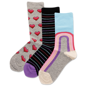 Three pairs of colorful socks with heart, striped and rainbow patterns on a white background