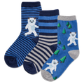 Three pairs of socks with striped and cartoon designs on a white background