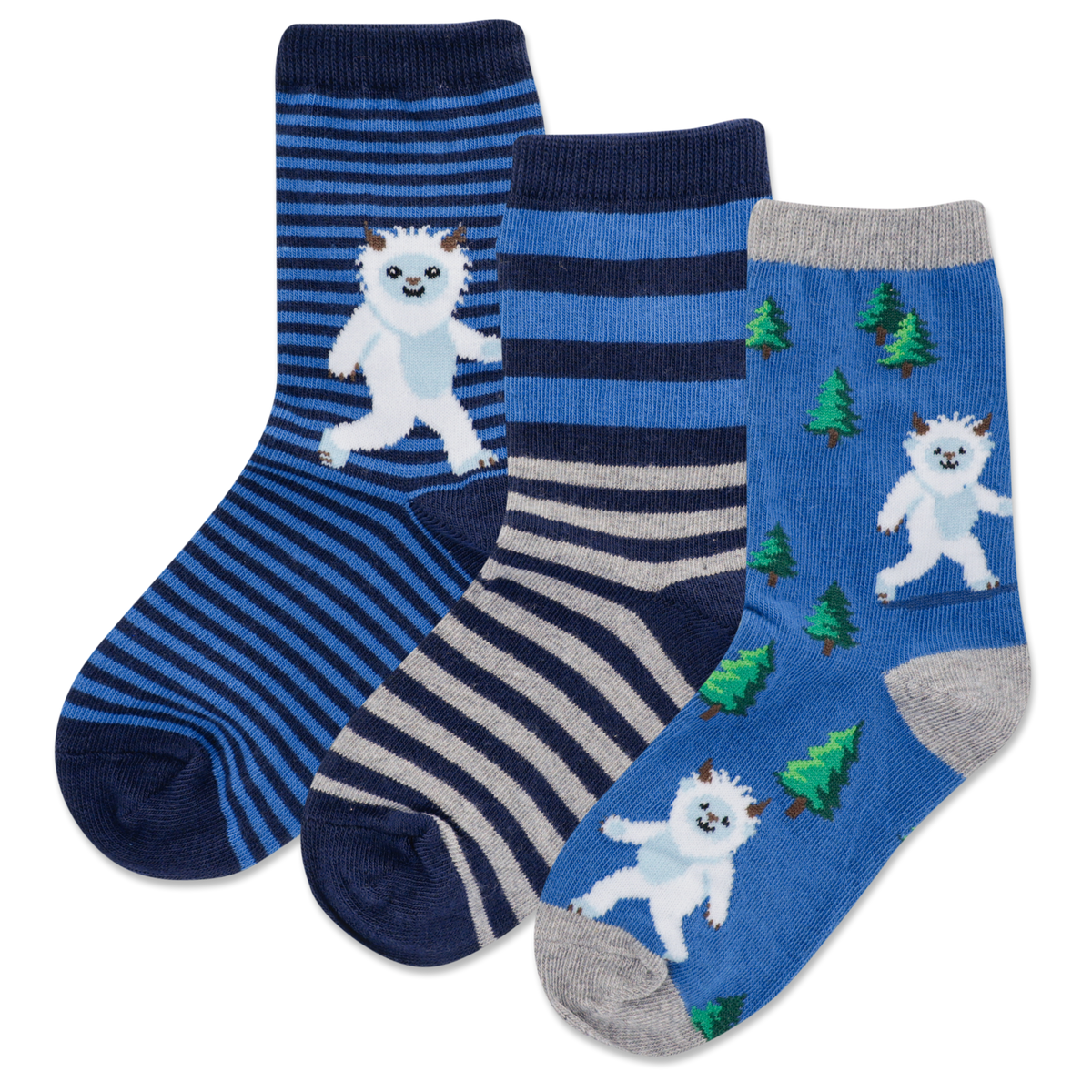 Three pairs of socks with striped and cartoon designs on a white background