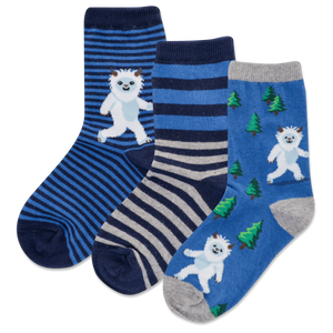 Three pairs of socks with striped and cartoon designs on a white background