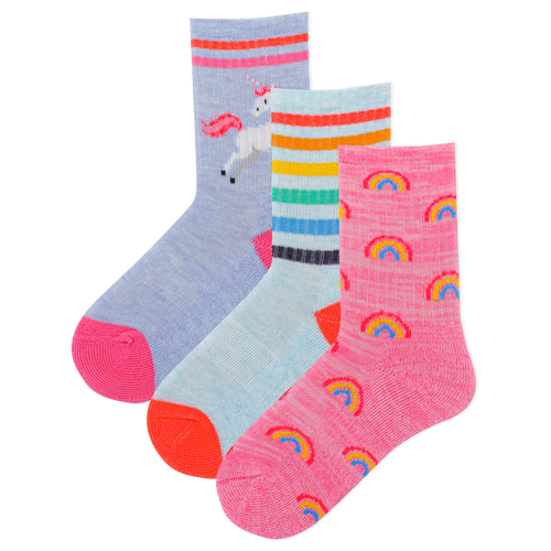 Three pairs of colorful socks with different patterns on a white background