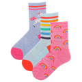 Three pairs of colorful socks with different patterns on a white background