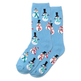 Blue socks with snowman pattern on a white background