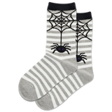 Gray and white striped socks with spider web and spider design on a white background