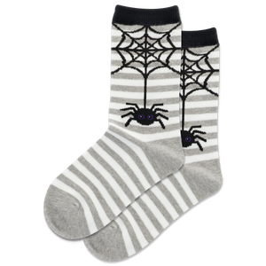 Gray and white striped socks with spider web and spider design on a white background