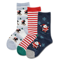 Three pairs of Christmas-themed socks on a white background