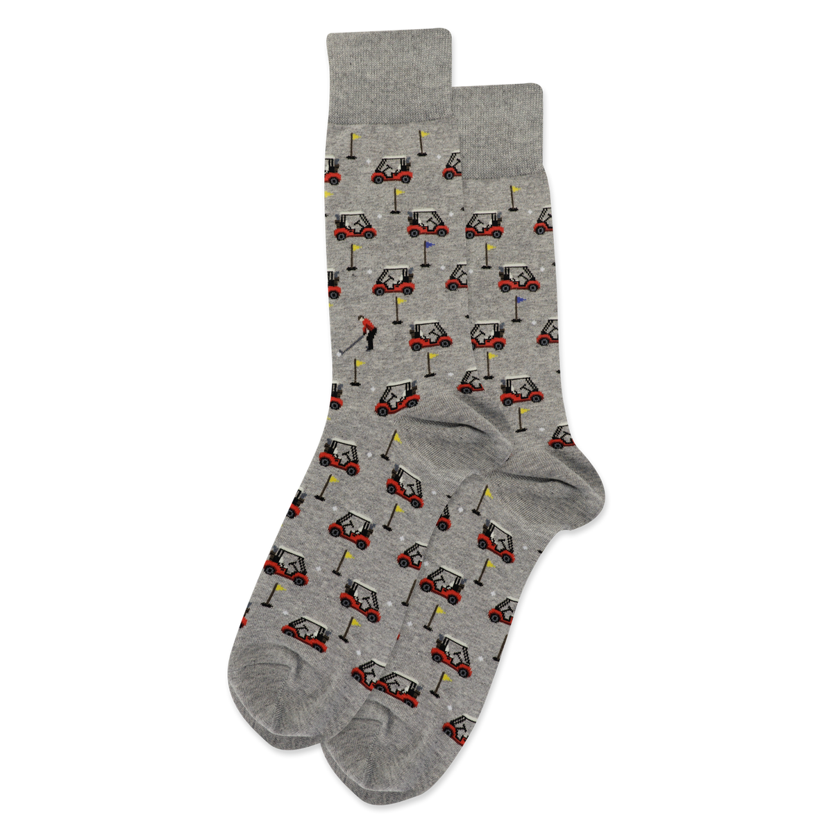 Gray socks with golf cart and club pattern on a white background