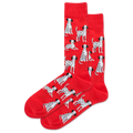 Red socks with Dalmatian dog pattern on a white background