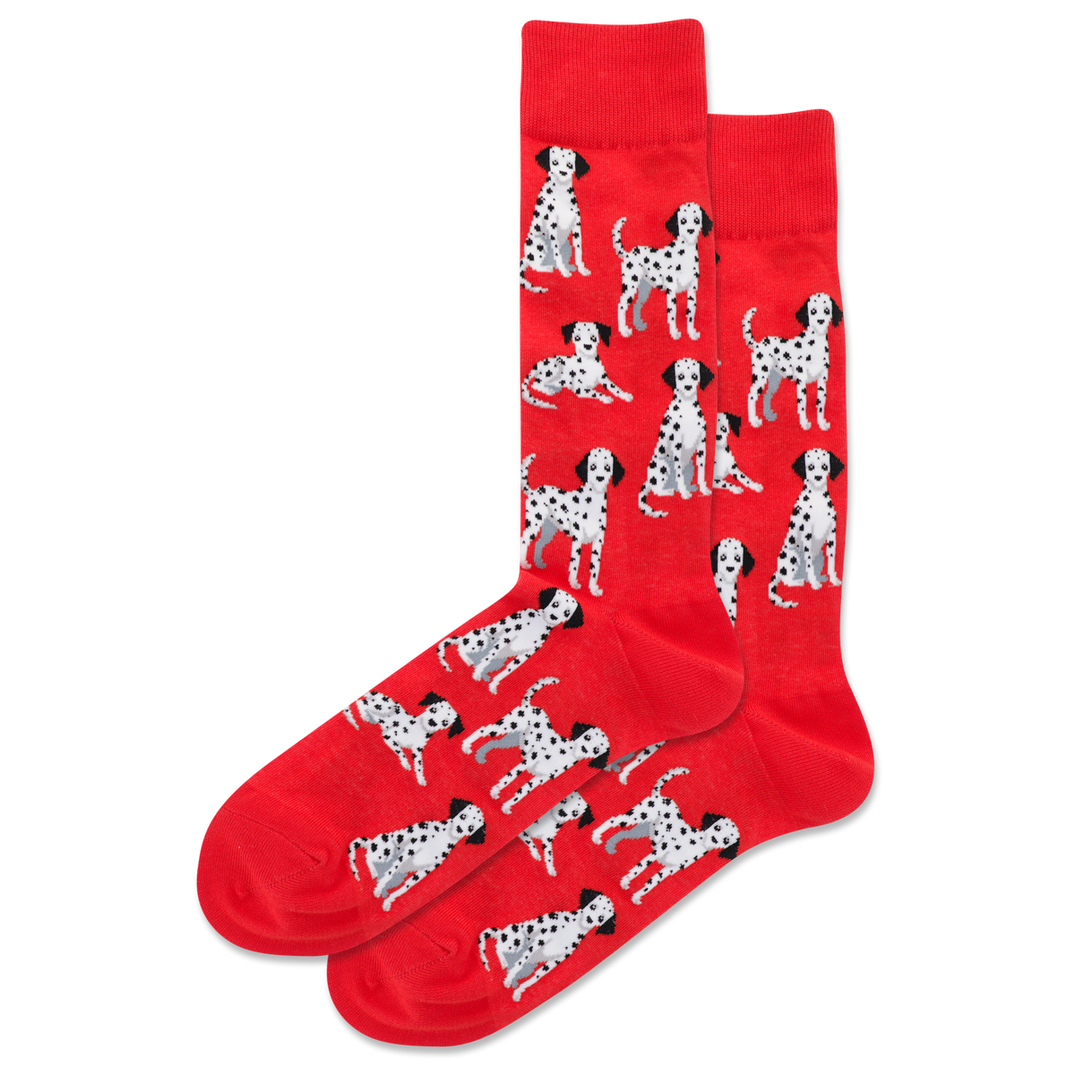 Red socks with Dalmatian dog pattern on a white background