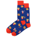 Blue socks with red accents featuring fast food illustrations on a white background