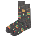 Dark gray socks with beer bottle and glass pattern on a white background