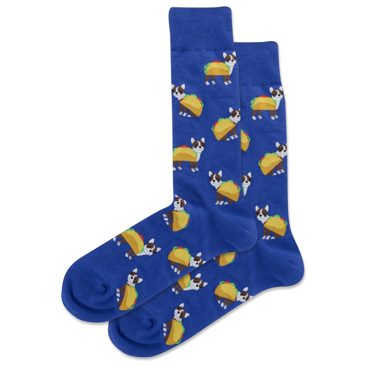Blue socks with dog and taco pattern on a white background
