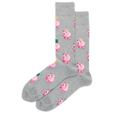 Gray socks with pink piggy bank pattern on a white background