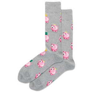 Gray socks with pink piggy bank pattern on a white background