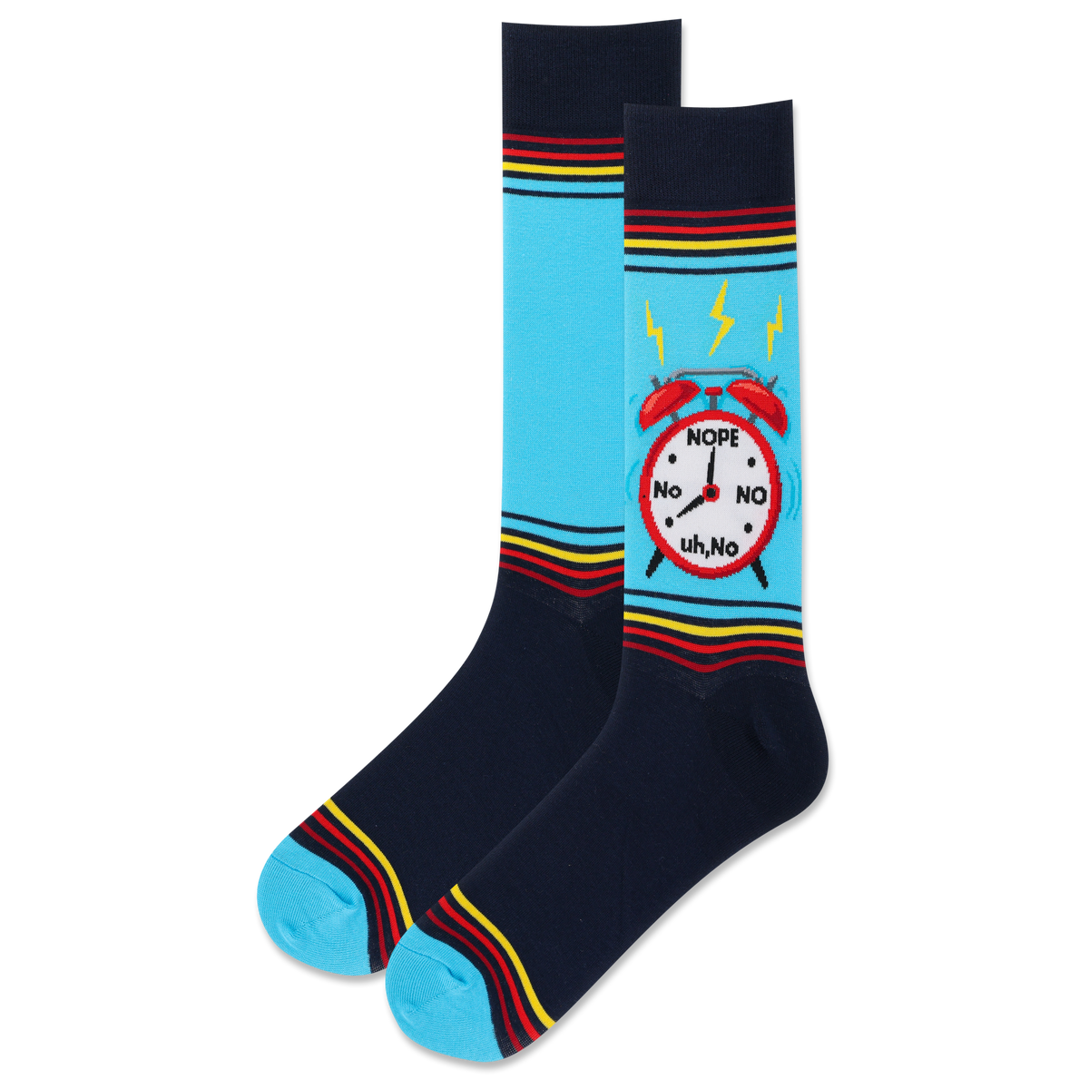 Pair of socks with a clock design and colorful stripes on a white background