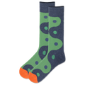 Pair of socks with green and blue pattern on a white background