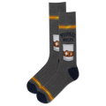 Gray socks with 'Whiskey Helps' text and whiskey glass design on a white background