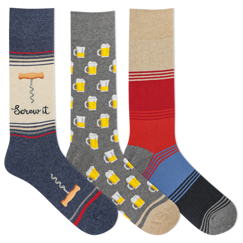 Three pairs of novelty crew socks displayed side by side on a plain white background. The left sock is navy blue with a beige section featuring a corkscrew graphic, the text 'Screw it', and a small bone detail.