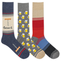 Three pairs of novelty crew socks displayed side by side on a plain white background. The left sock is navy blue with a beige section featuring a corkscrew graphic, the text 'Screw it', and a small bone detail.