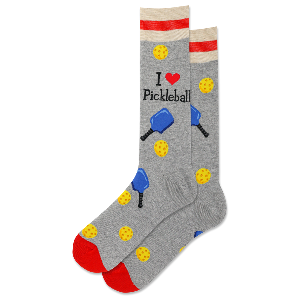 Gray socks with pickleball-themed design on a white background
