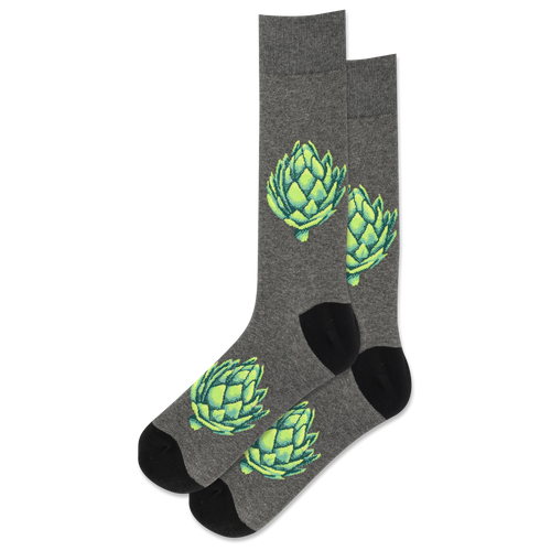 Gray socks with green artichoke design on a white background