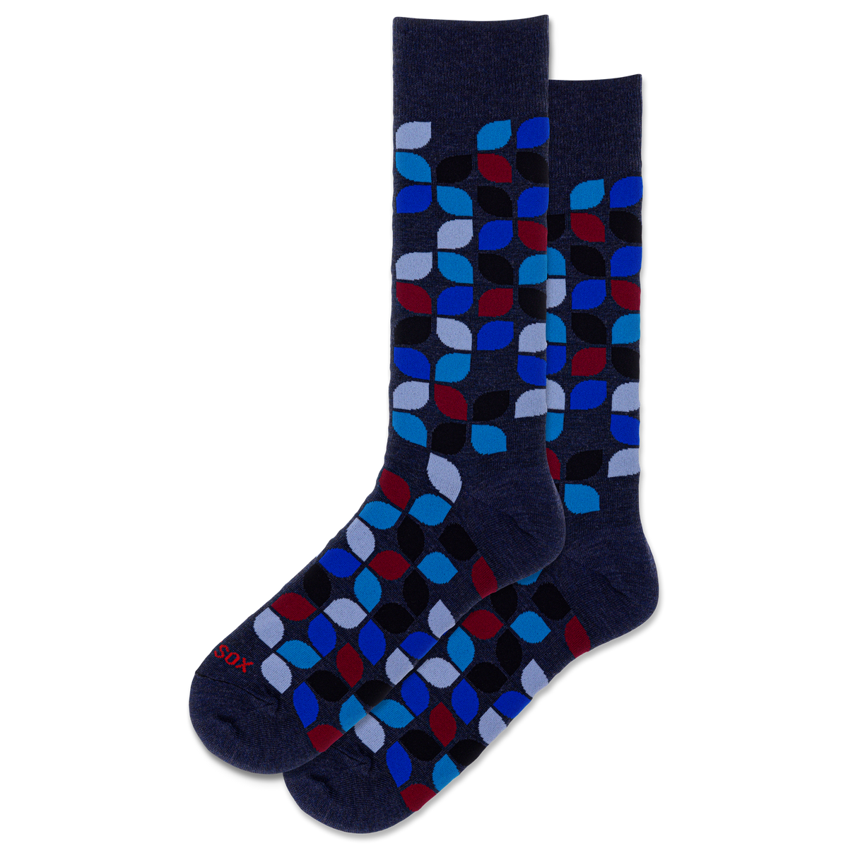 Pair of dark blue socks with colorful geometric pattern on a white background