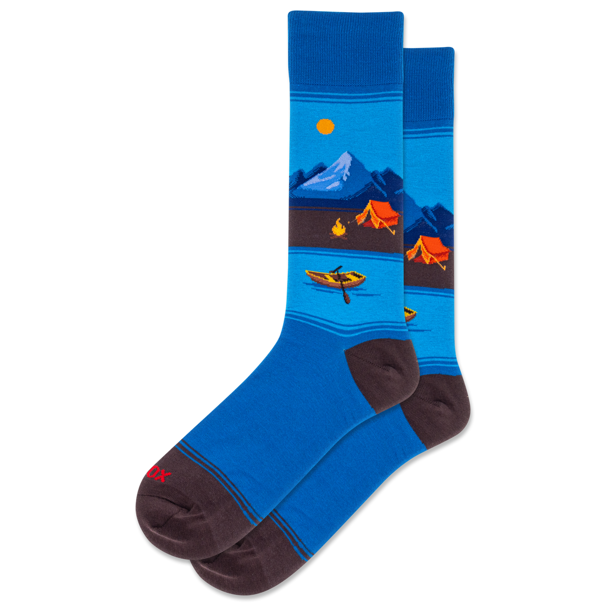Blue socks with camping design on a white background