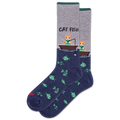 Pair of socks with cat and fish design on a white background
