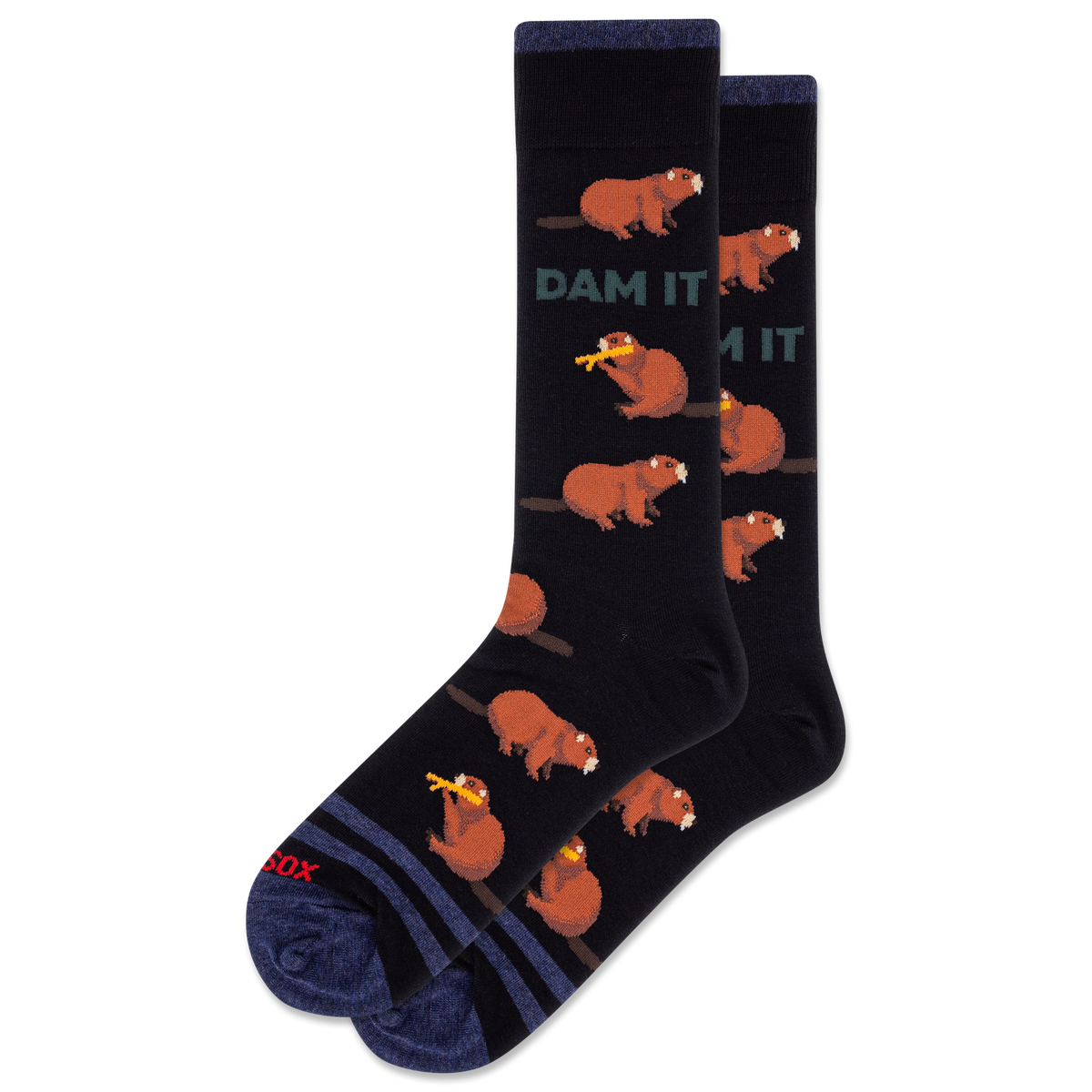 Socks with beaver design and 'Dam It' text on a white background