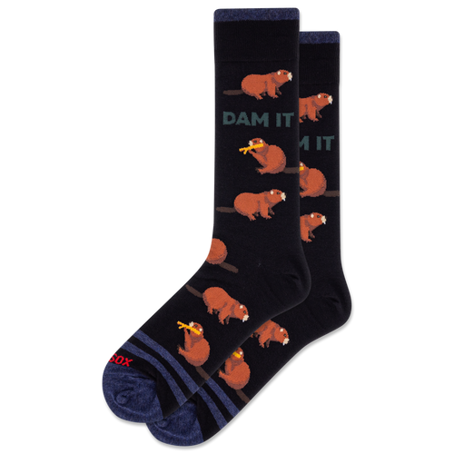 Socks with beaver design and 'Dam It' text on a white background