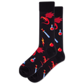 Black socks with red dragon and fantasy-themed designs on a white background