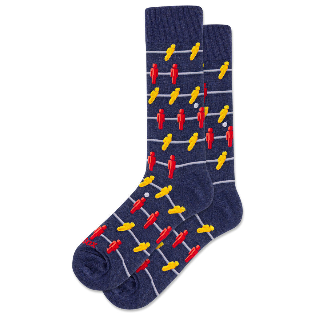 Navy blue socks with red and yellow pattern on a white background