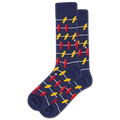 Navy blue socks with red and yellow pattern on a white background