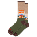 Socks with 'Happy Camper' design featuring a camper van and trees on a white background.
