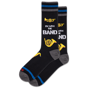 Black socks with musical instrument designs and text on a white background